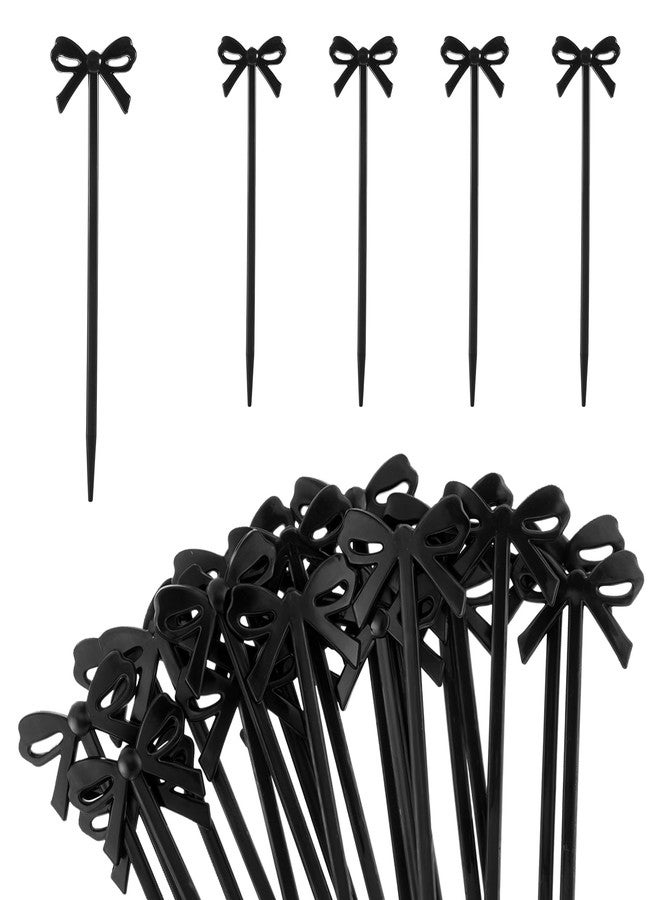 BOHUIZ 60 Pcs Black Cocktail Picks, Black Bow Decor Cupcake Toppers Fruit Fork Drink Stirrers Bow Design Party Food Sticks Dessert Picks for Cocktail Appetizers Drinks Party Fruit - Image 1
